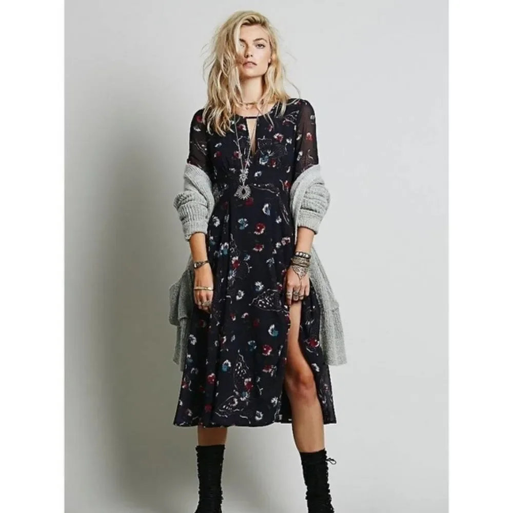 NWT Free People Blue Bonnie Butterfly Print Keyhole Chiffon Boho Midi Dress‎ 2